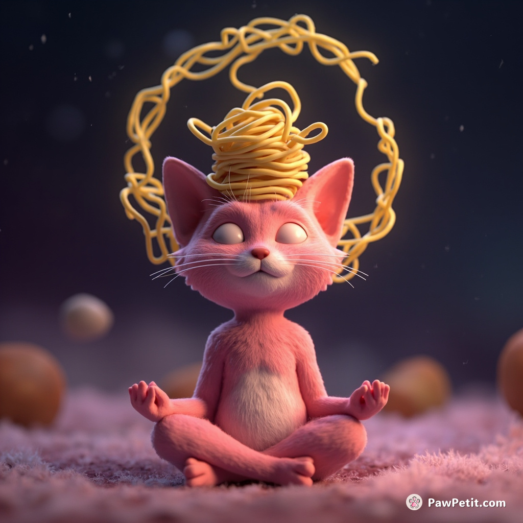 A pink cat meditating on the moon, levitating spaghetti around its head.