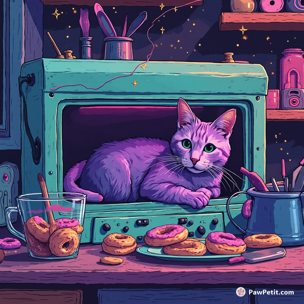 A neon purple cat leisurely baking tiny donuts on a functional kitchen countertop within an antique mint-green cassette tape.