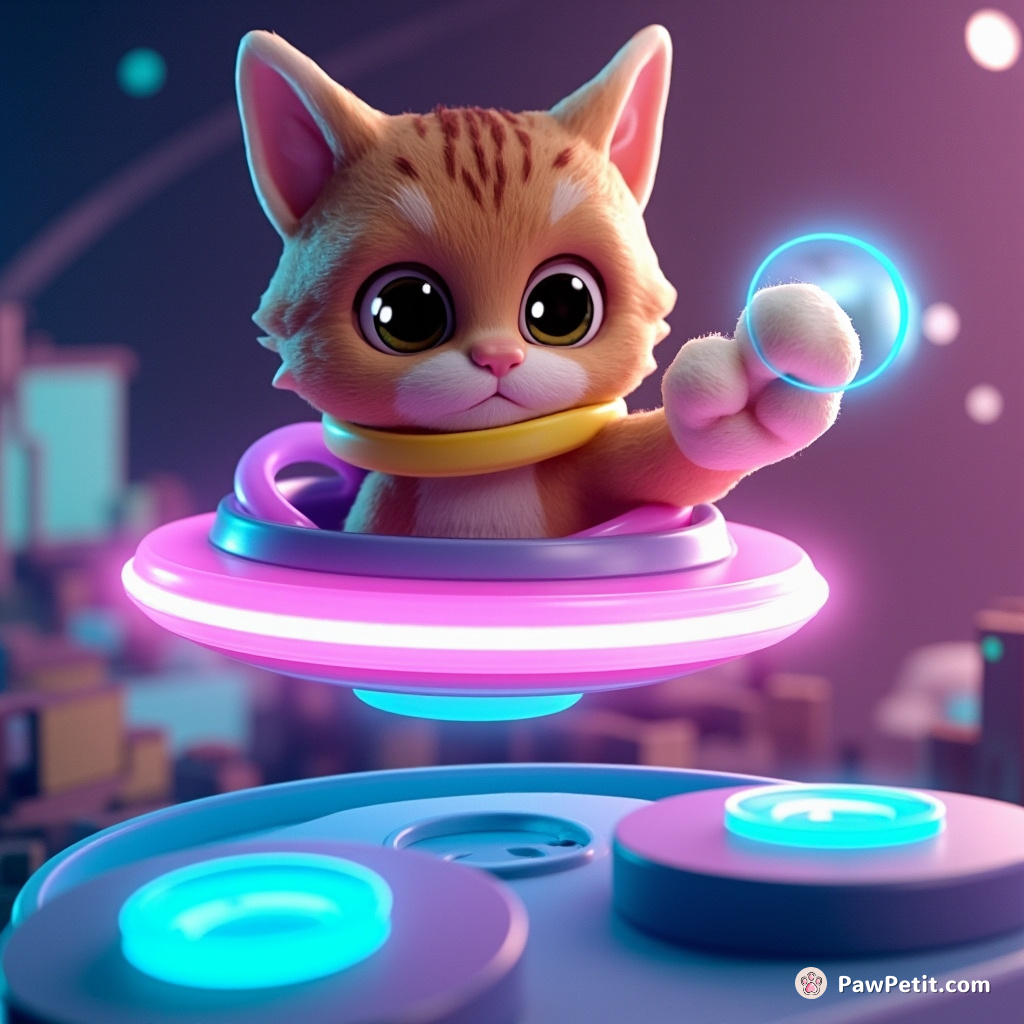 A feline in a neon collar pilots a levitating saucer, swatting at holographic controls with a curious paw.