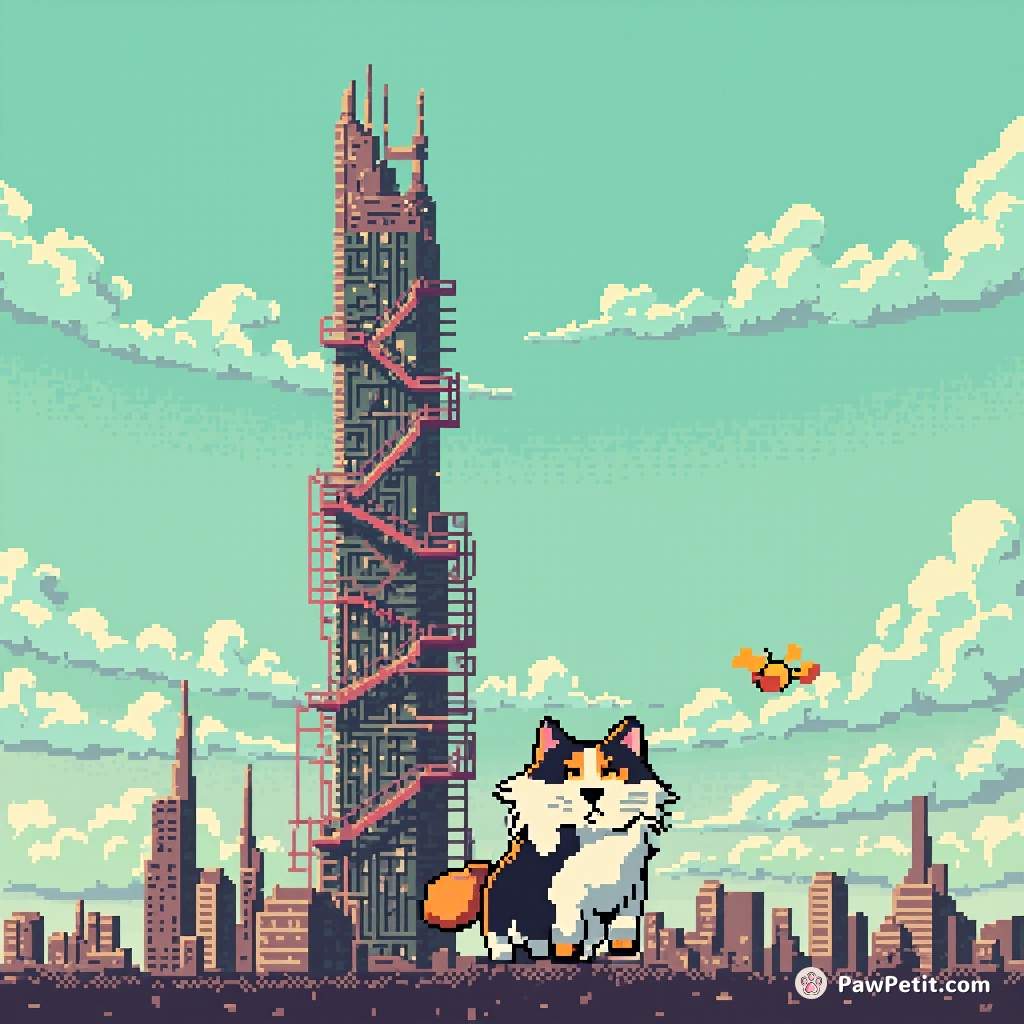 A cat attempts to build a skyscraper, convinced it can mew-sculate a tower taller than any human construction.