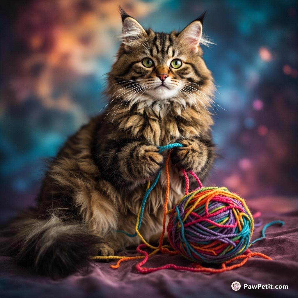 Cat casually knitting a rainbow-colored yarn ball from the tendrils of a spatial nebula.