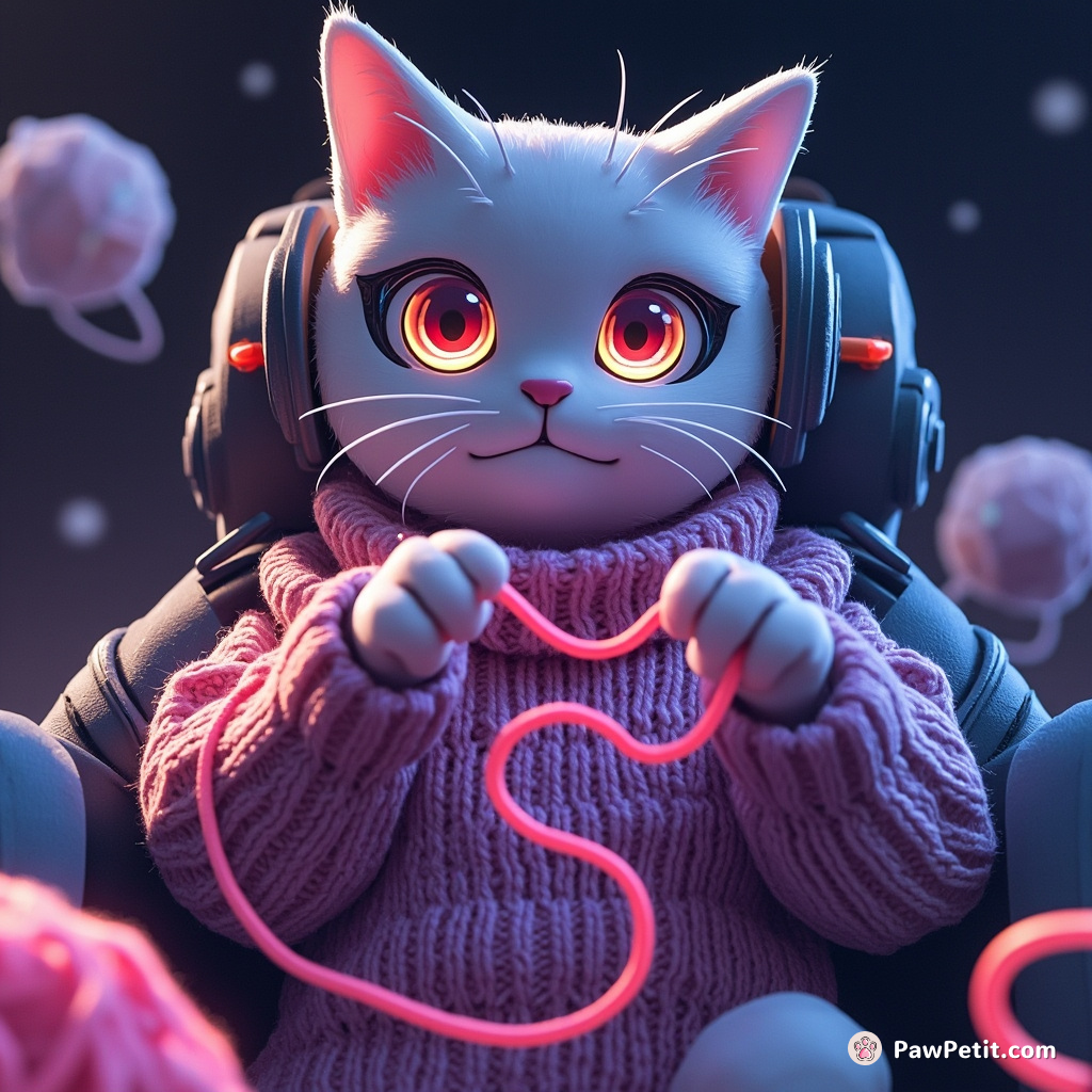 Cyborg cat knitting a sweater in zero gravity with neon yarn.
