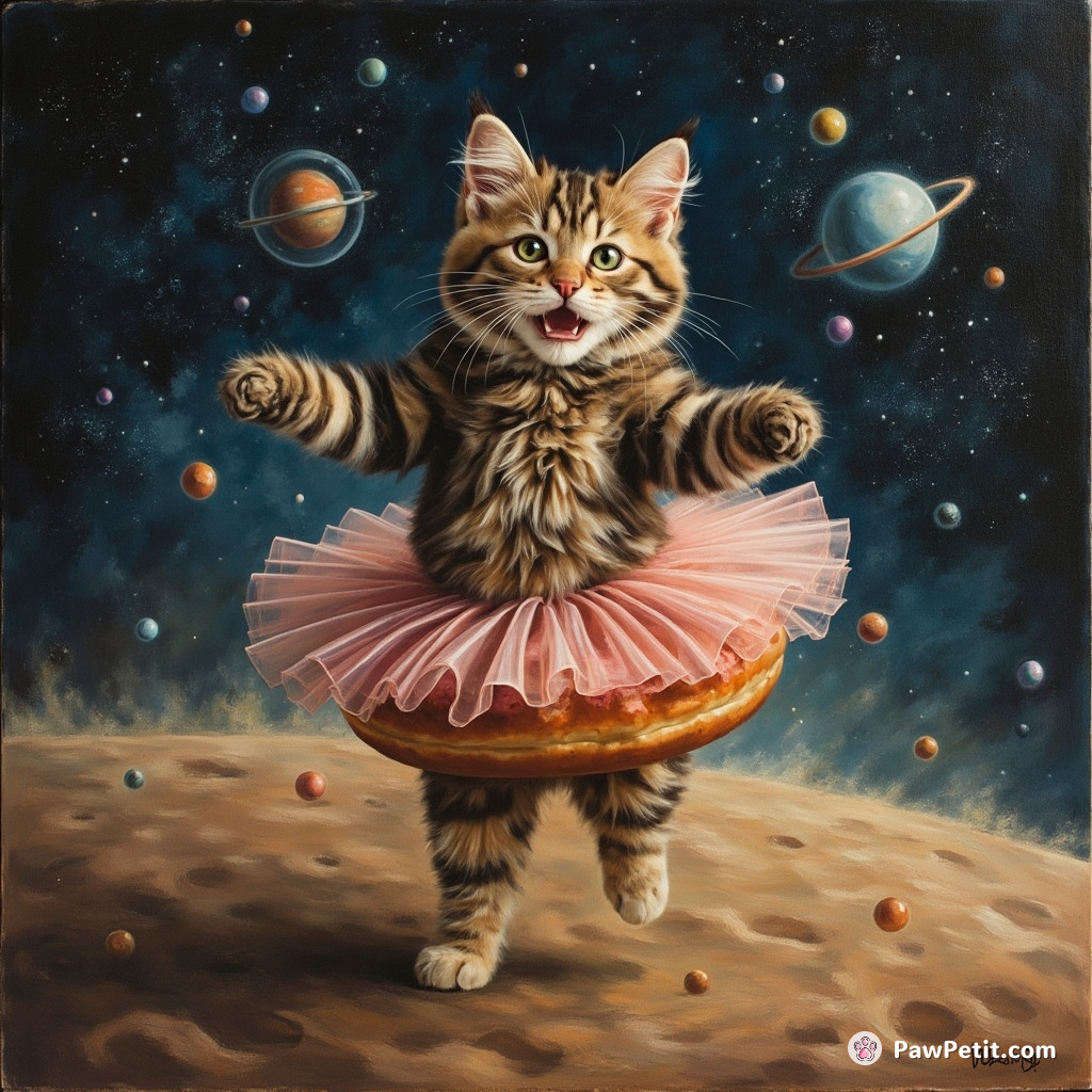 Cat doing a ballet routine on a spinning donut in outer space.