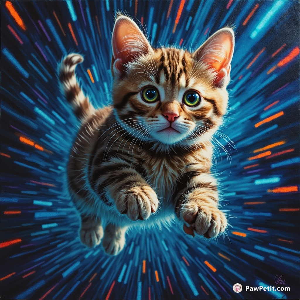 The cat leaps gracefully through glowing data streams, its eyes reflecting the digital world’s vibrant hues.