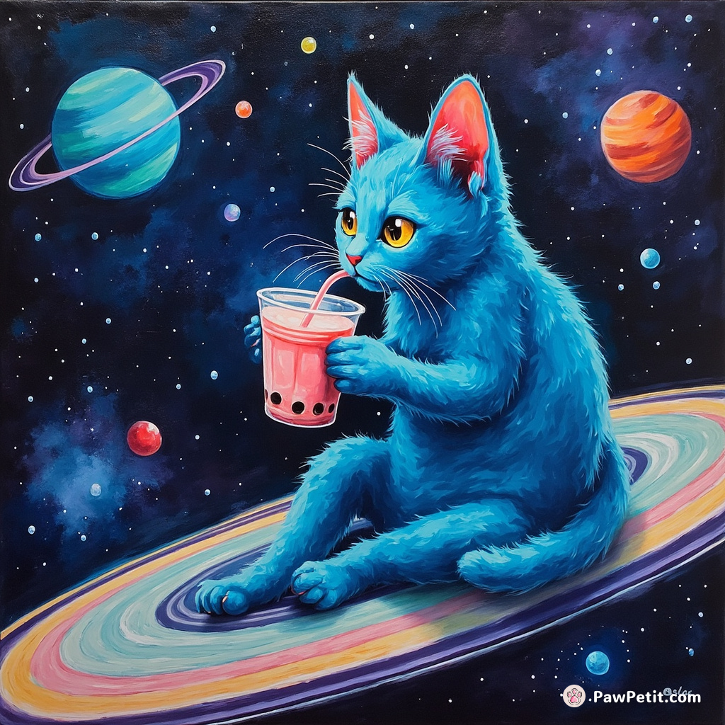 A neon blue cat serving bubble tea on the rings of Saturn.