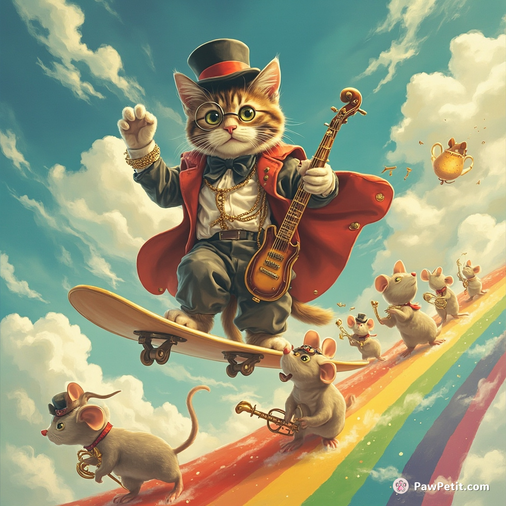 A cat surfing on a rainbow in a top hat and monocle, with an orchestra of field mice playing funky jazz tunes.