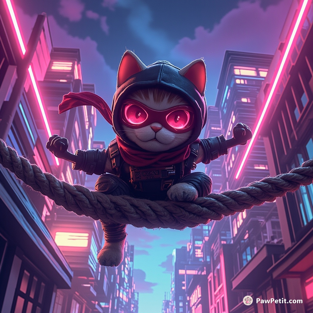 Cyberpunk ninja cat performing a spectacular high-wire act across skyscrapers, under a technicolor neon sky.