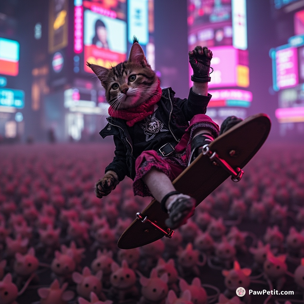 Punk rock cat crowd-surfing on a sea of tiny robot mice.