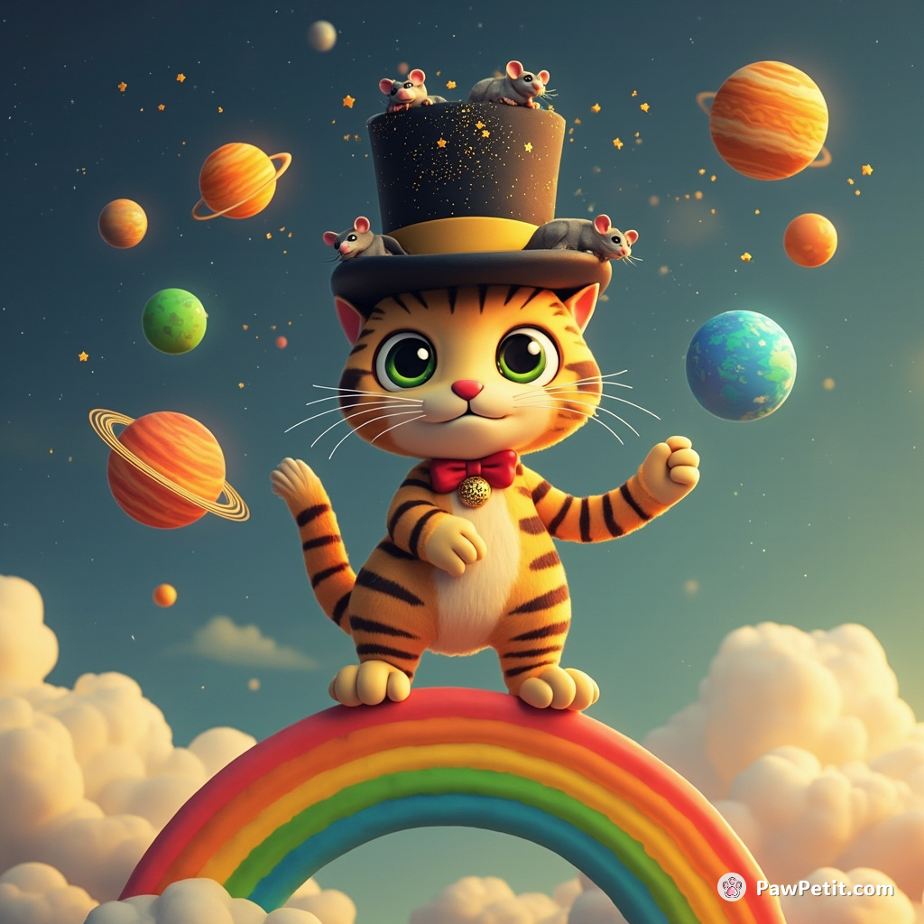 Giant cat casually balances on a rainbow while juggling different planets of the solar system, wearing a top hat teeming with star-dusted mice.