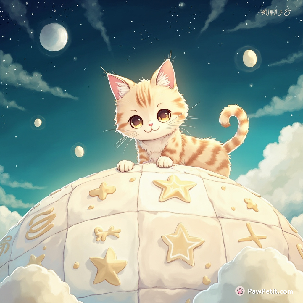 Cat standing on a marshmallow planet, stitching a quilt with fish-shaped stars with its tail.