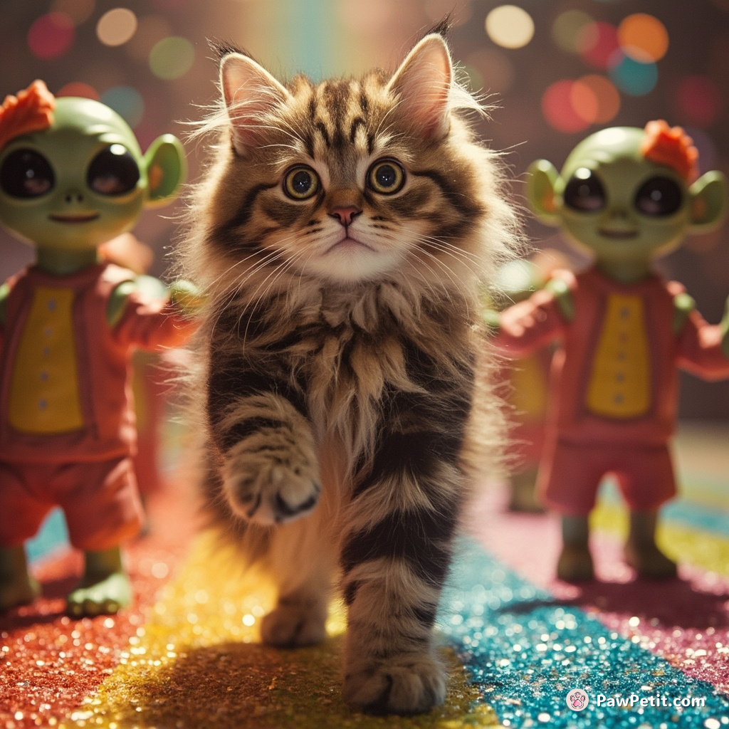 A cat salsa dancing with disco-dancing aliens on a rainbow made of glittery hotdogs.