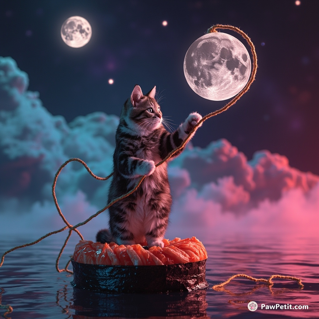 Cat lassoing a metallic moon with cosmic yarn while standing on a floating sushi roll in a neon-lit Noah's Ark.