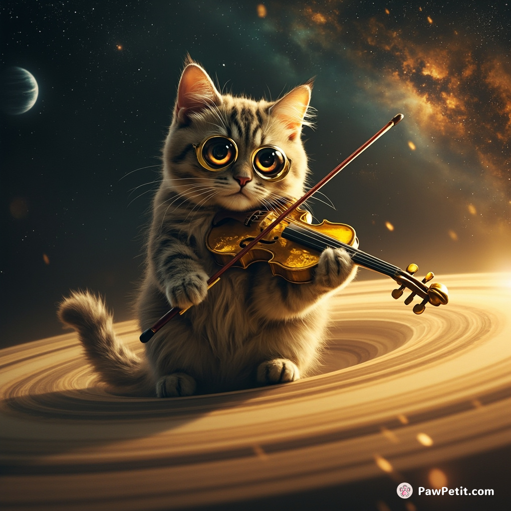 A three-eyed alien cat nonchalantly playing a liquid gold violin on the rings of Saturn, serenading star-crossed extraterrestrial lovers and luminous nebulae.