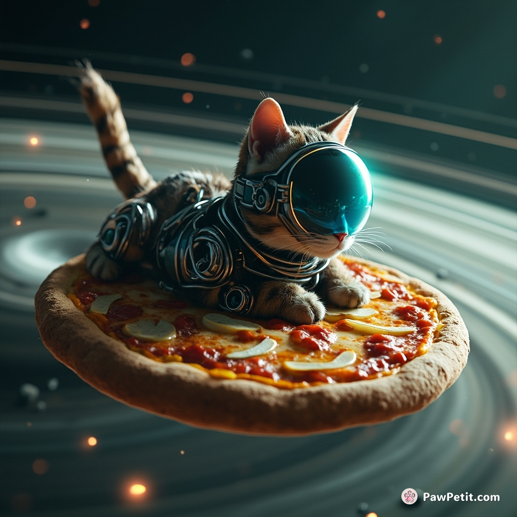 Cybernetic cat sailing on a pizza through the rings of Saturn.