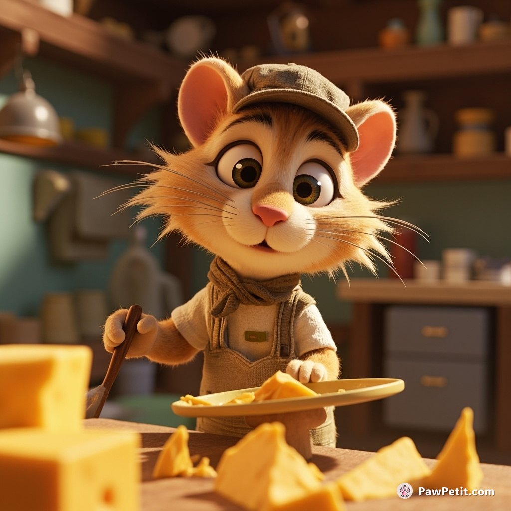 Whiskers 'cat-topped', working feline-fastidious, as he tackled his artisanal mouse-cheese business with pawsitively adorable determination.