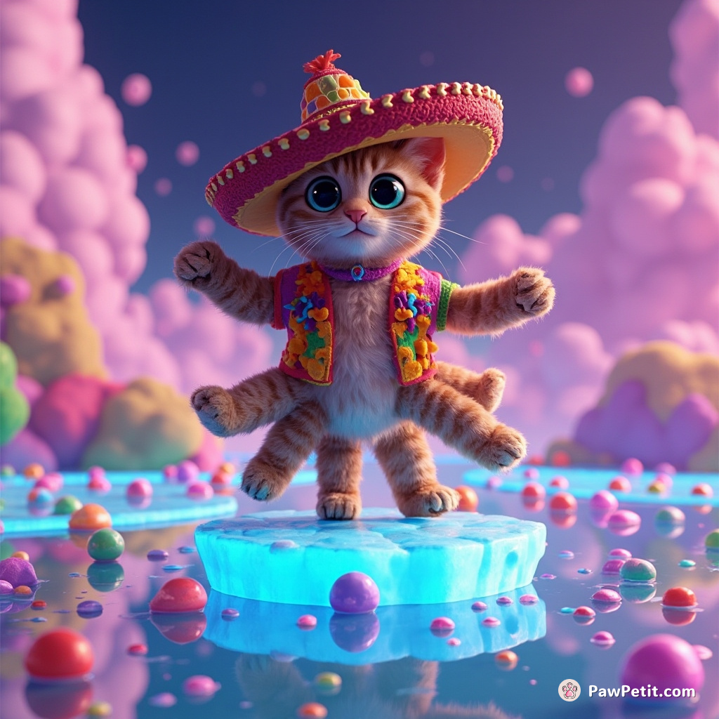 A six-legged, sombrero-wearing feline disco dancing on a floating iceberg amidst an ocean of neon jellybeans.