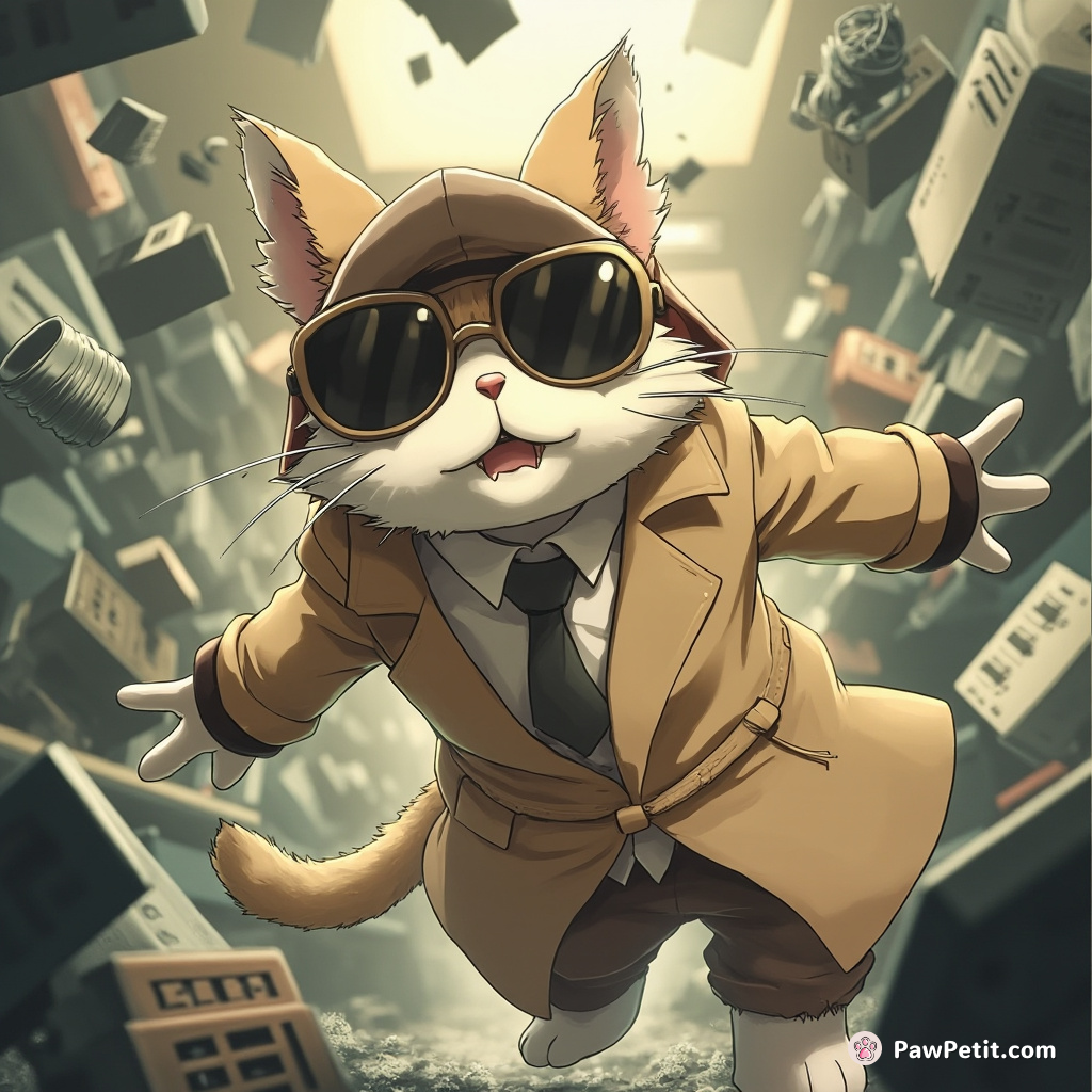 Whiskers, disguised in a trench coat, mimics the boss by sneezing loudly, triggering a domino effect of falling office equipment.