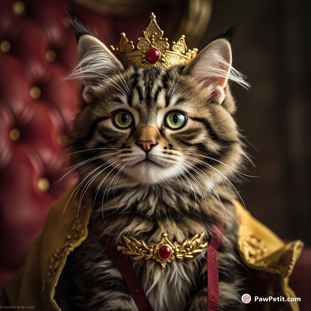 In Cat Kingdoms Fluffball, a tabby cat defiantly rises as king, outlawing smelly fish and mandating hourly naps royalty-wide.