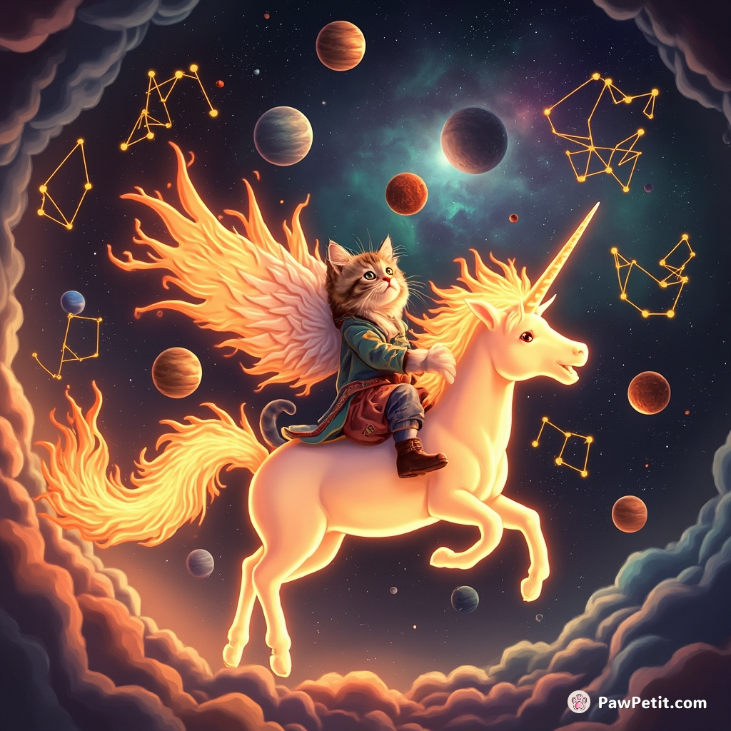 Cat riding a flaming unicorn, juggling planetary constellations in the middle of an alien nebula.