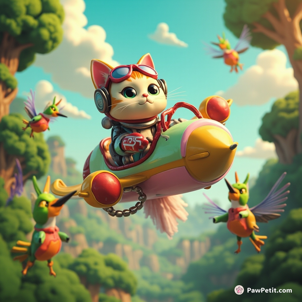 A cyborg housecat piloting a spontaneous ice-cream spitfire under a rainforest canopy, chasing unusually large selfie-taking hummingbirds.