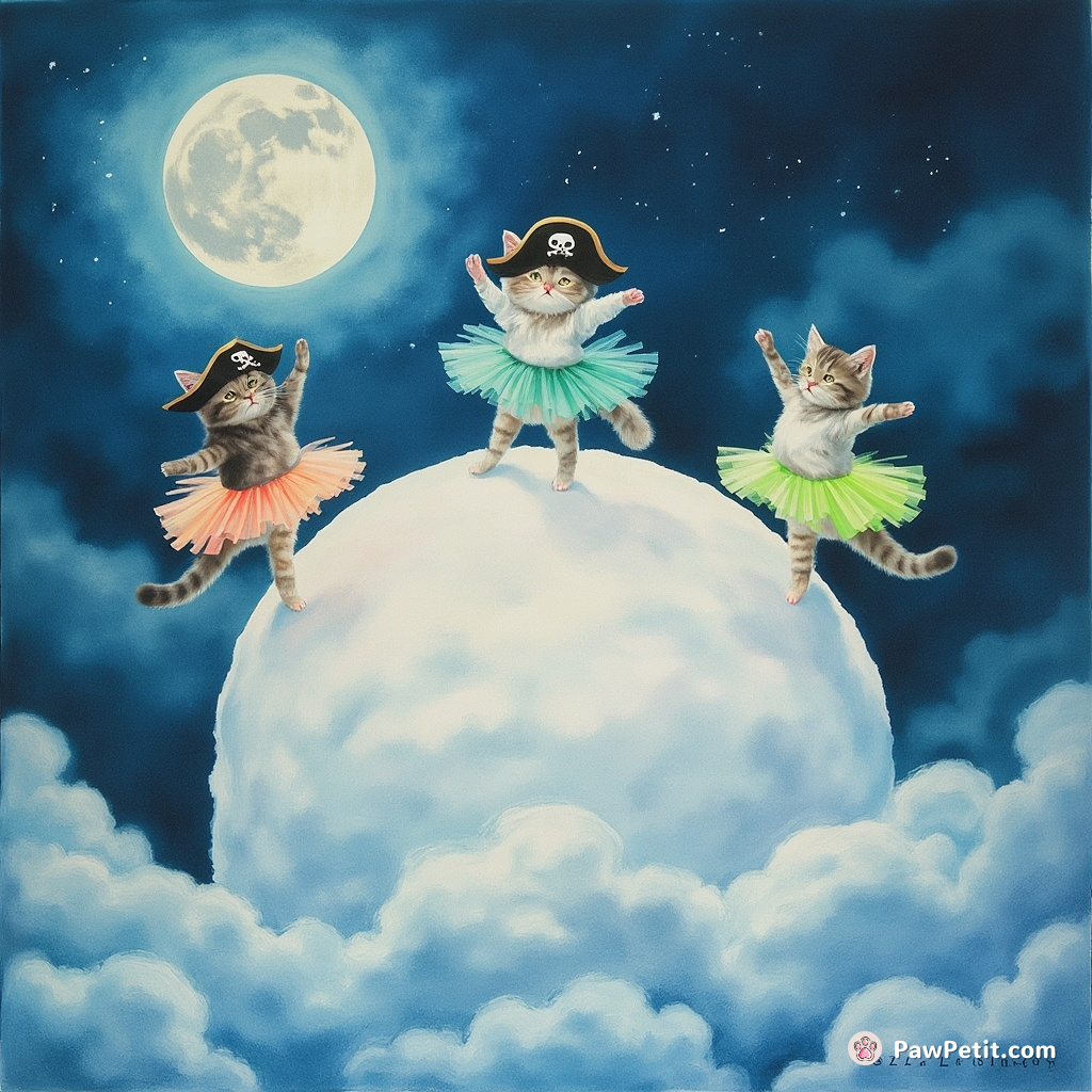 A moonlit ballet performance atop a colossal marshmallow, by feline pirates decked in neon tutus.
