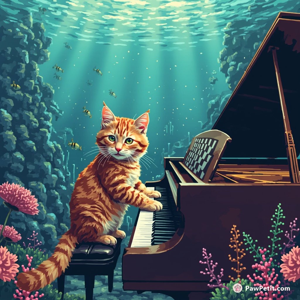 An orange tabby cat playing a checkerboard grand piano underwater in an Atlantis-like city.