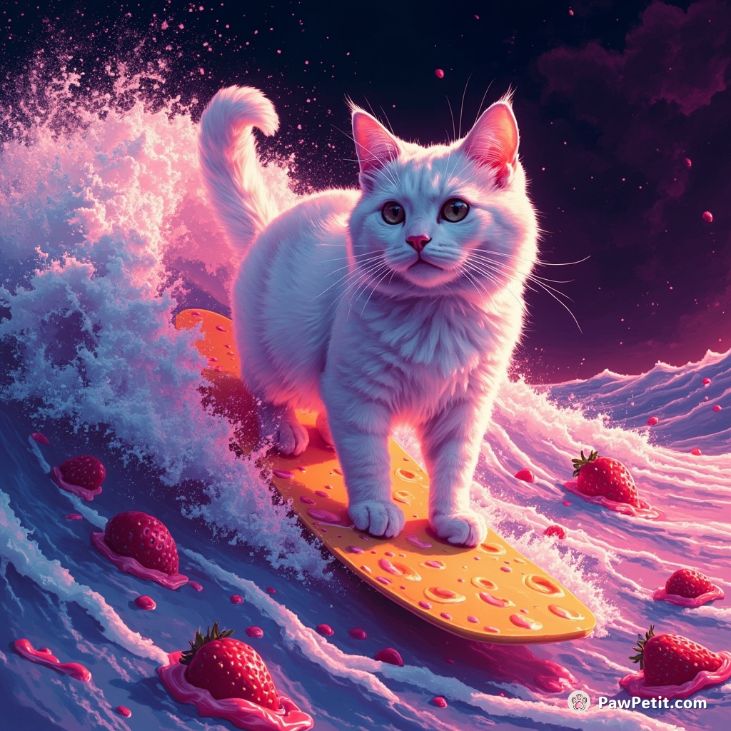 A fluorescent neon cat surfing on a cream cheese wave in a sea of strawberry jam.