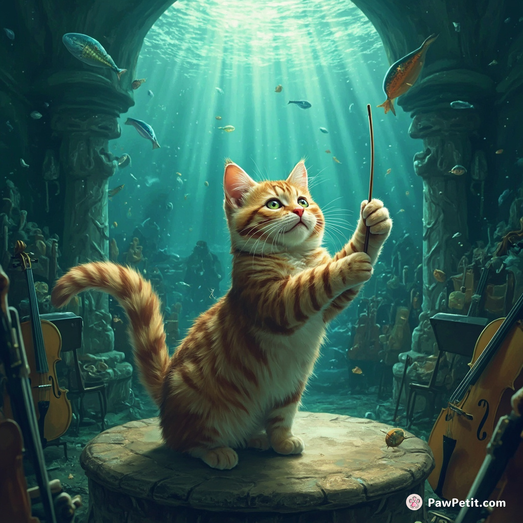 Cat conducting a symphony orchestra with his tail in an undersea concert hall.