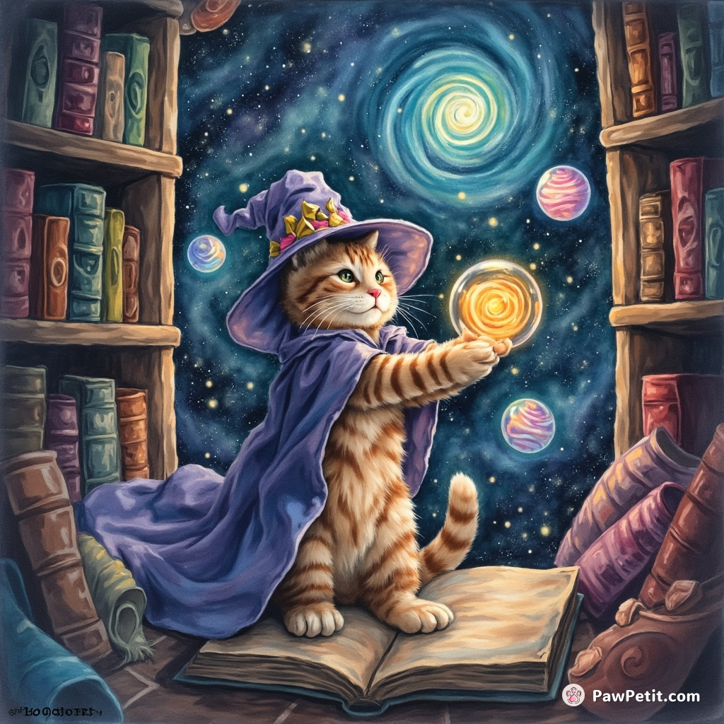 A spellcaster cat levitating enchanted color-swirling orbs in a star-strewn cosmic library.