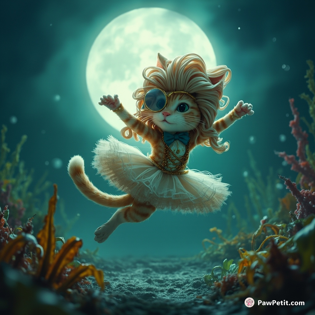 Cat performing a flawless pirouette in a patch of moonlit underwater seaweed while donning an overgrown Victorian wig and monocle.