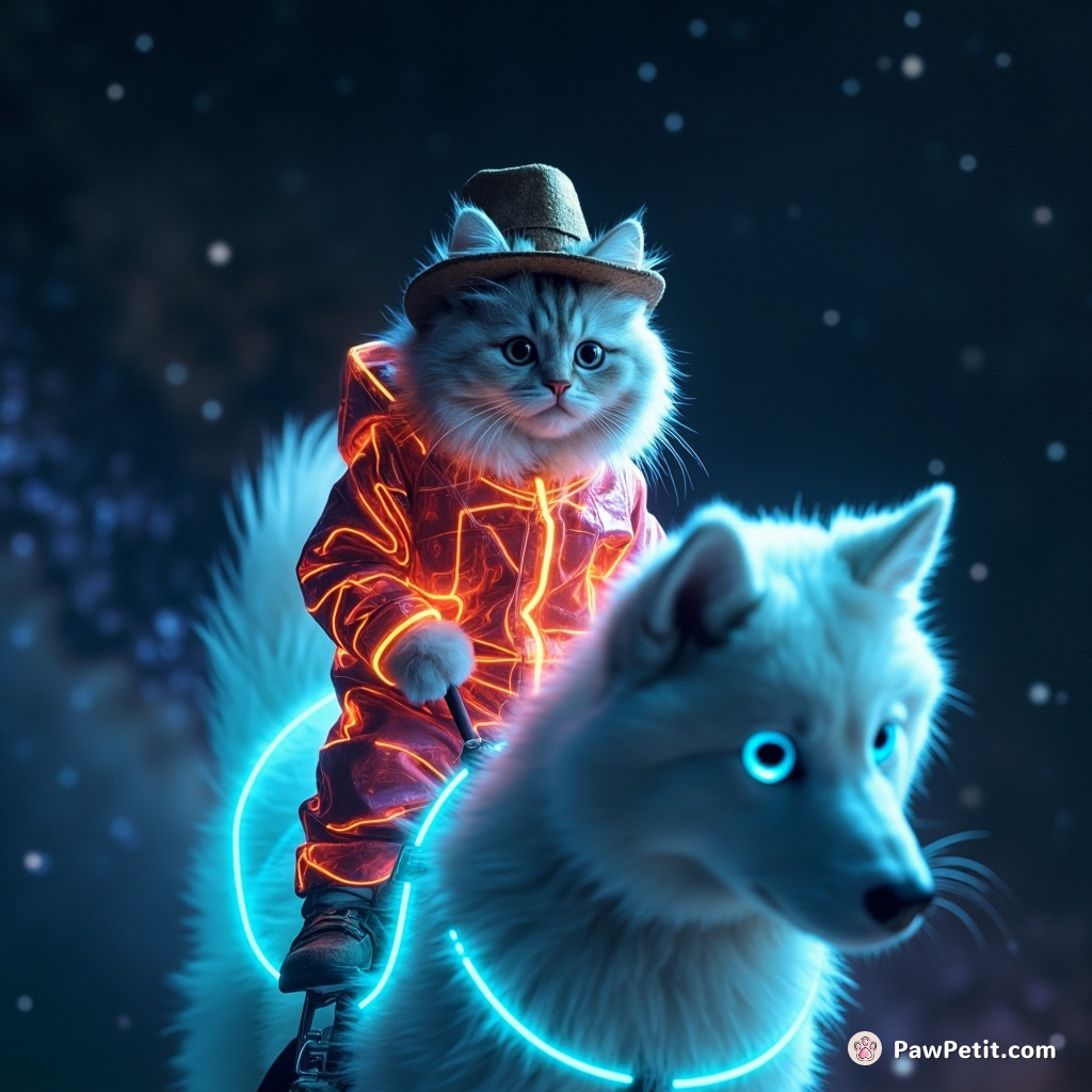 A space-faring cat wearing a neon cowboy suit, riding astride a spectral husky through the star-dusted Milky Way.
