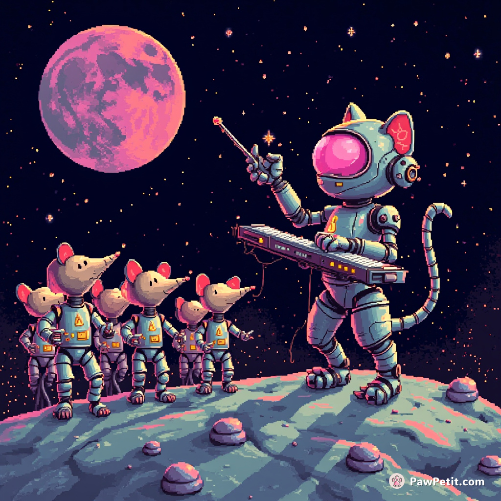 Cybernetic cat conducting an orchestra of robotic mice on the moon.