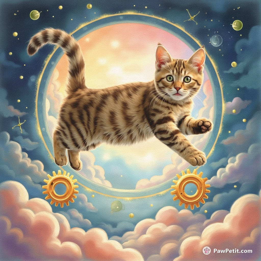A lithe tabby cat precariously leaps onto floating alien cogs, reverberating a harmonious echo to unlock an ethereal cosmic door.