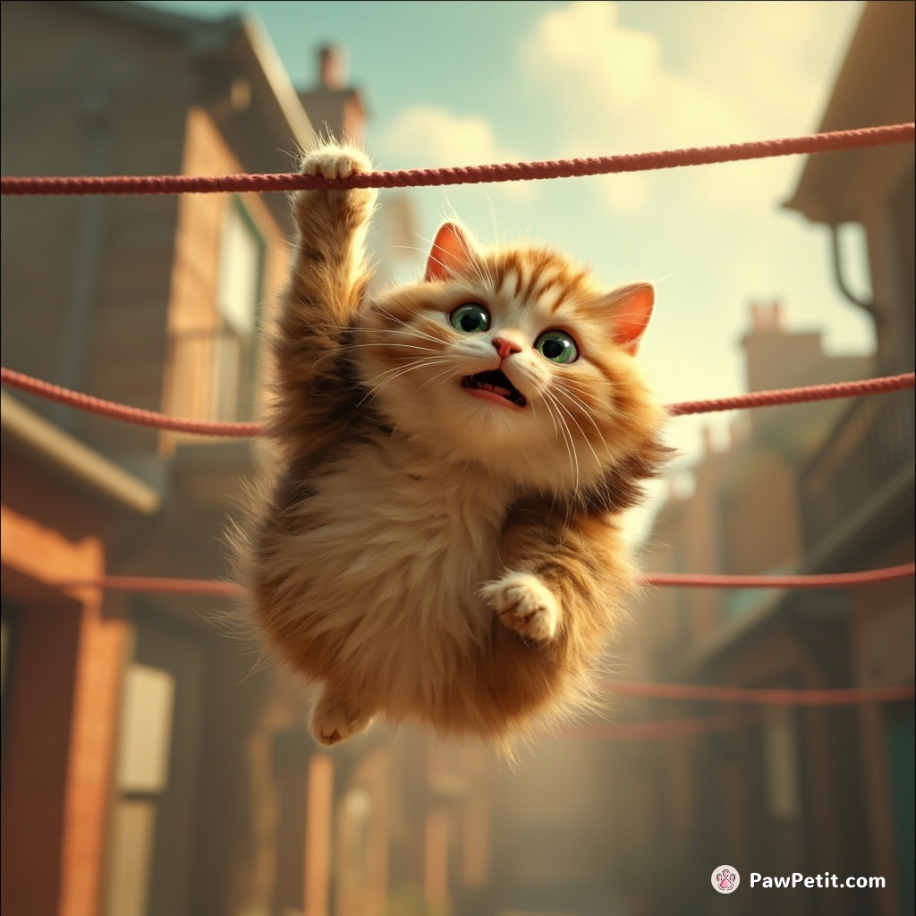 Attempting a proud strut, chubby cat attempts trapeze act on clothesline, succeeds instead in hilarious mid-air somersault.