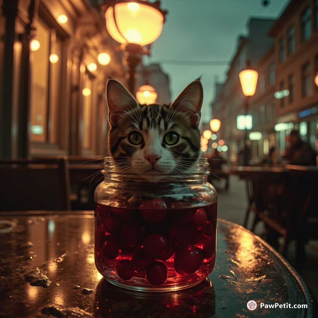 A street cat swimming in a jar of vintage cherry jam under Victorian gas-lighting.