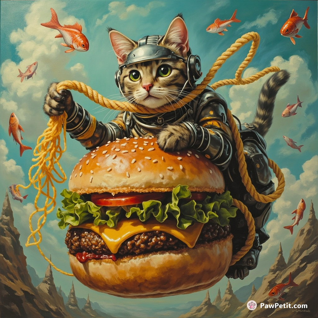 Cyborg cat on a floating cheeseburger using a spaghetti lasso to rope in flying fish.