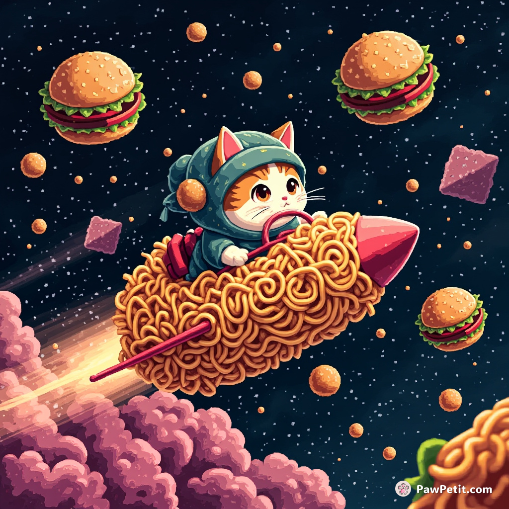 Cat piloting a chunky, ramen noodle spaceship among the floating cheeseburger asteroids.