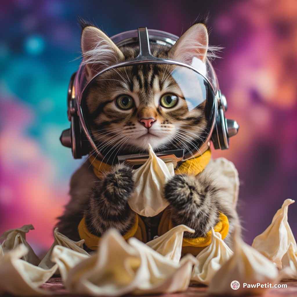 Mech-pilot cat mastering dumpling origami in a rainbow-hued nebulascape.