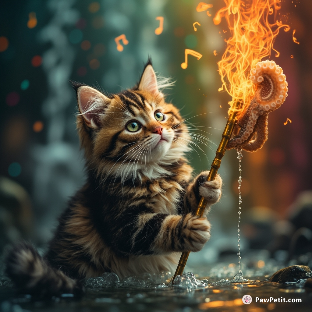 A floating calico cat gently fishing for musical notes in a rainbow flames waterfall with a golden cephalopod rod.