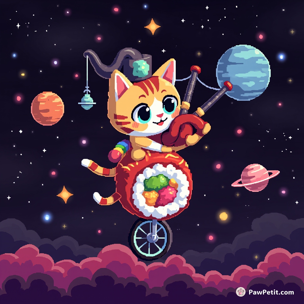 A cat playing the bagpipes while riding a unicycle atop a sushi roll in space.