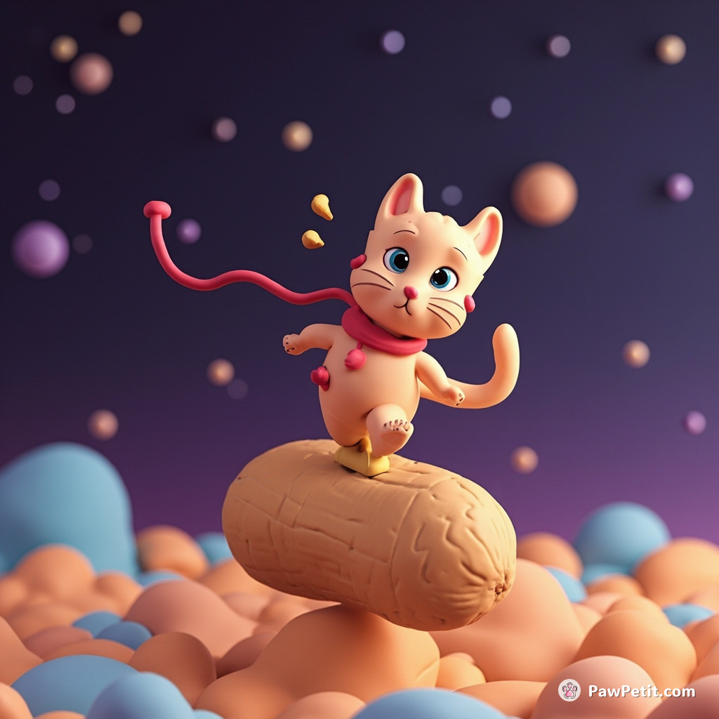 A cat tap dancing on a giant floating peanut in outer space under a polka-dotted sky.