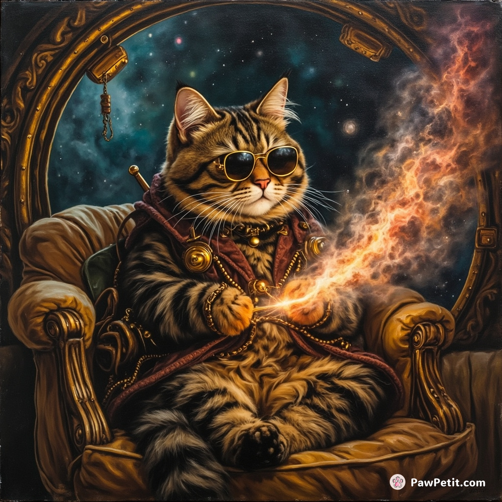 Steam-punk styled cat knitting nebula in a zero-gravity space lounge.