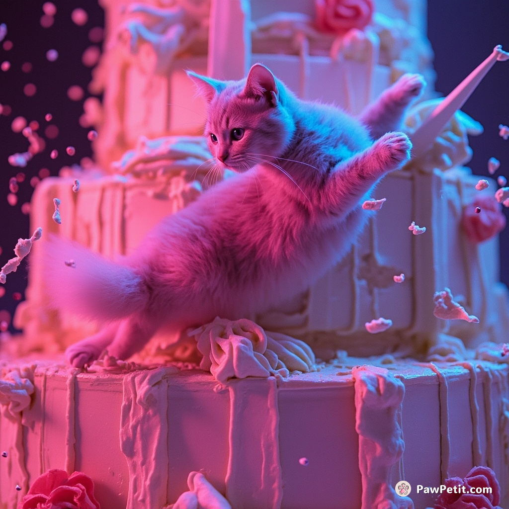 Frantically scaling a bustling wedding cake construction, the cat sent frosting flying as it propelled upward in sheer terror.