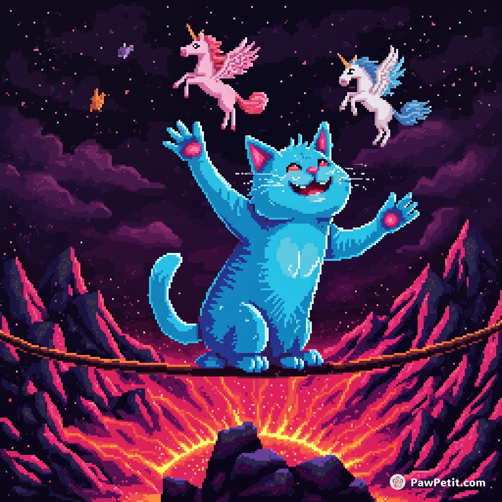 A neon blue cat juggling unicorn figurines on a tightrope over a psychedelic lava pit.