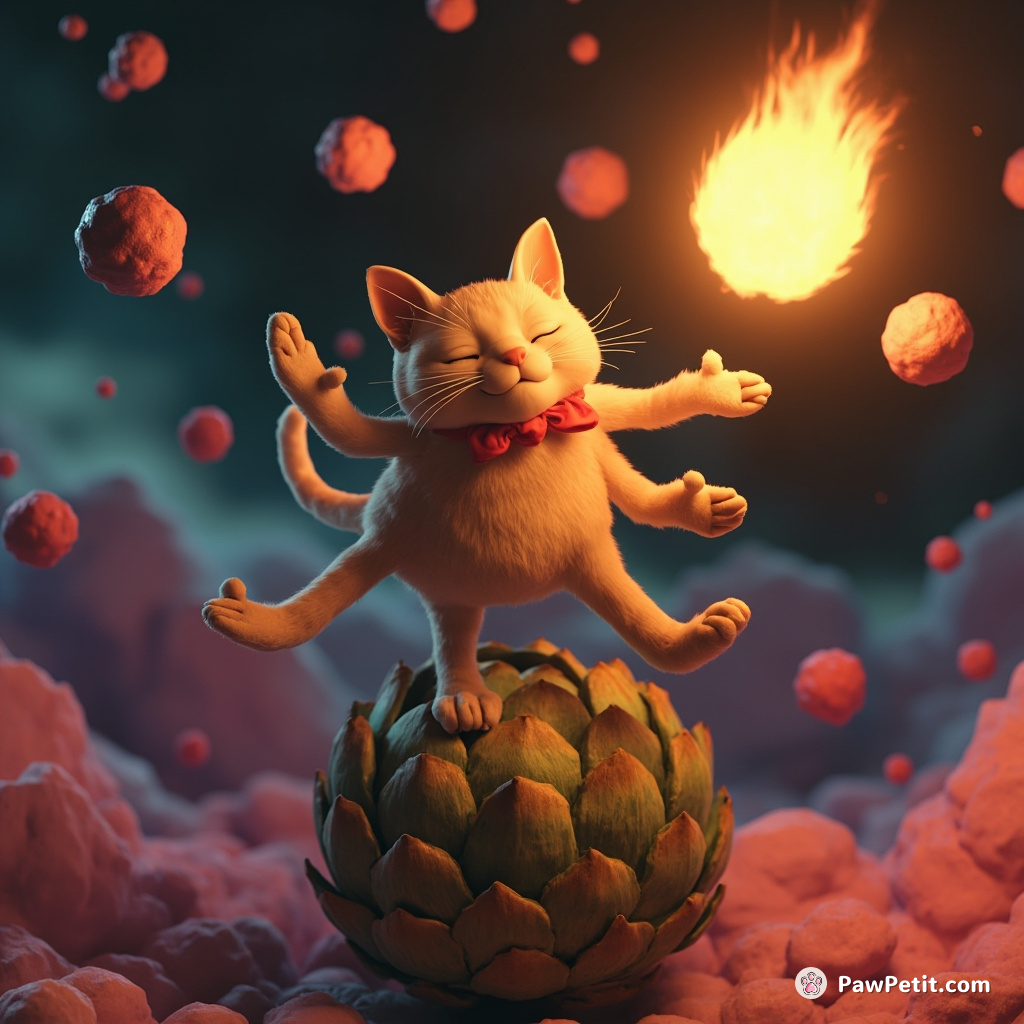A three-legged cat juggling fireballs while balancing on a large artichoke in psychedelic space.