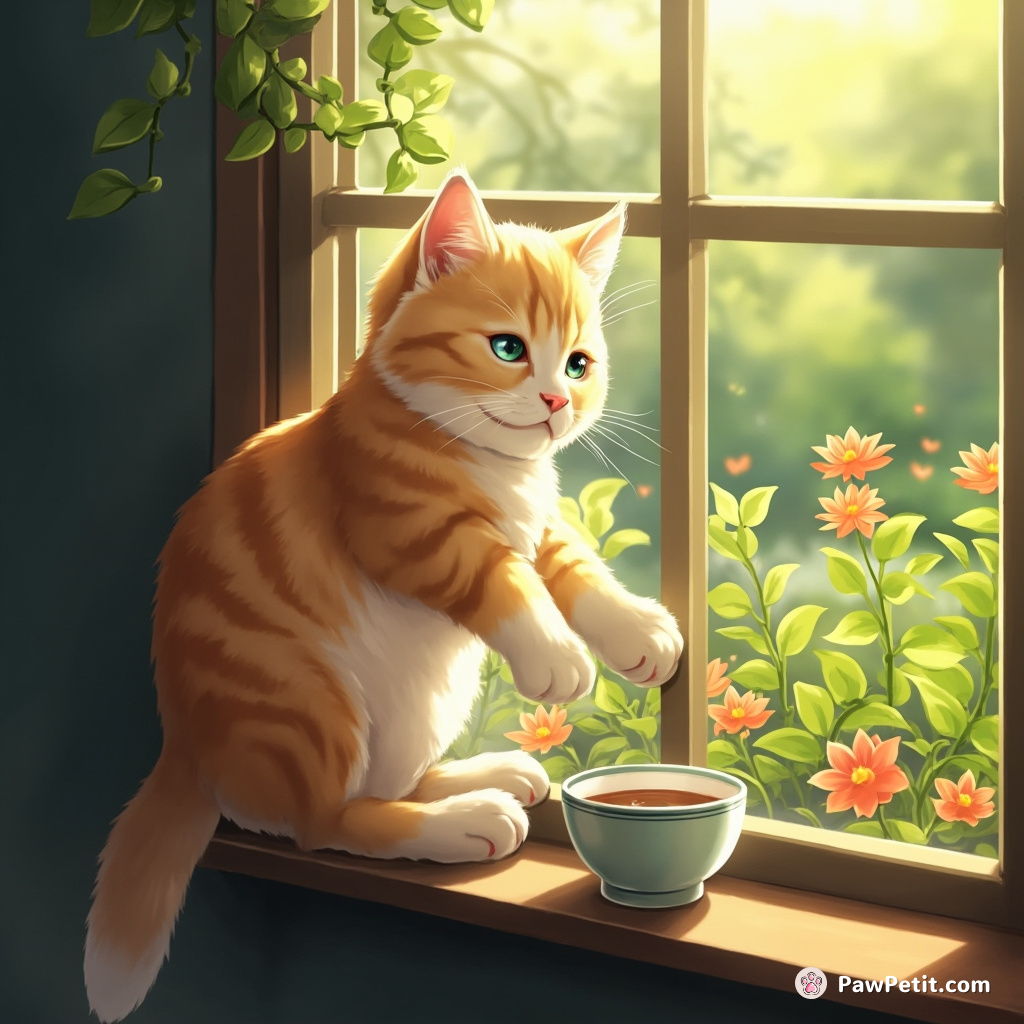 Whiskers perched on the windowsill, paws outstretched, yearning for the forbidden garden, as if sipping a cup of tea.