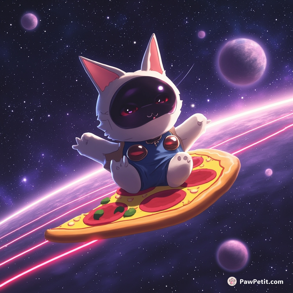 Space cat surfing on a slice of neon pizza through the Orion Nebula.