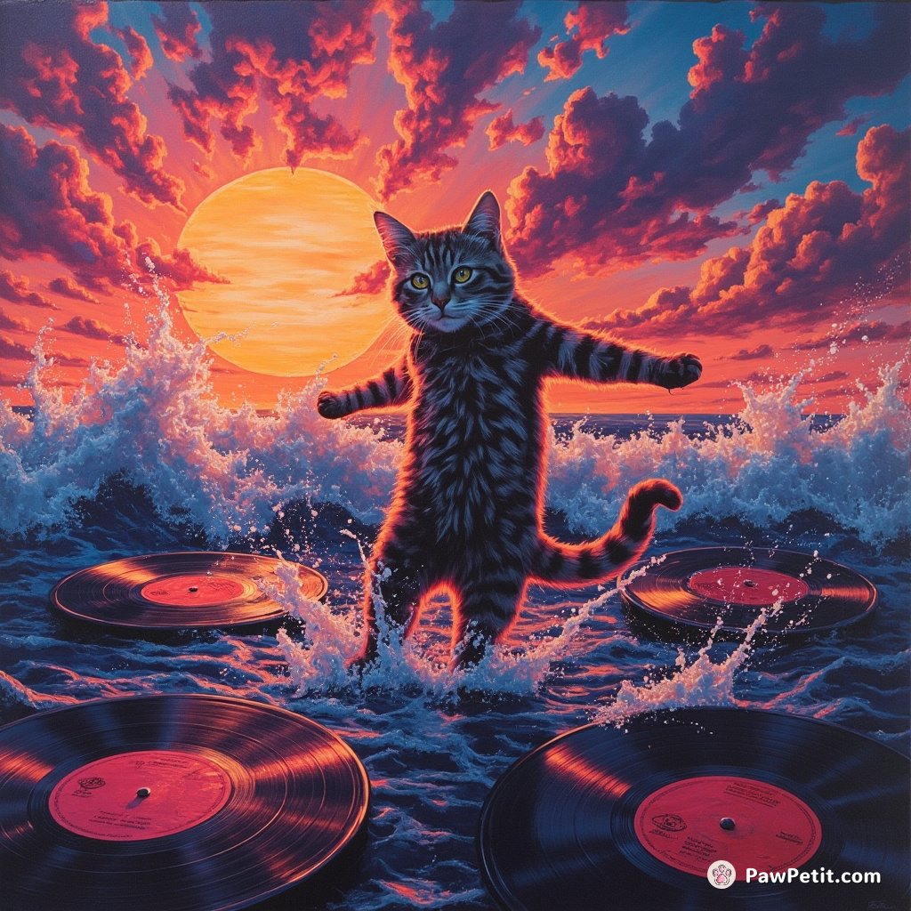 A neon cat breakdancing on giant vinyl records floating in the middle of a fizzy soda ocean during sunset.