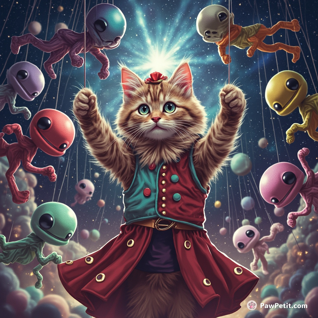 Cat commanding colorful alien marionettes in an intergalactic circus with a supernova backdrop