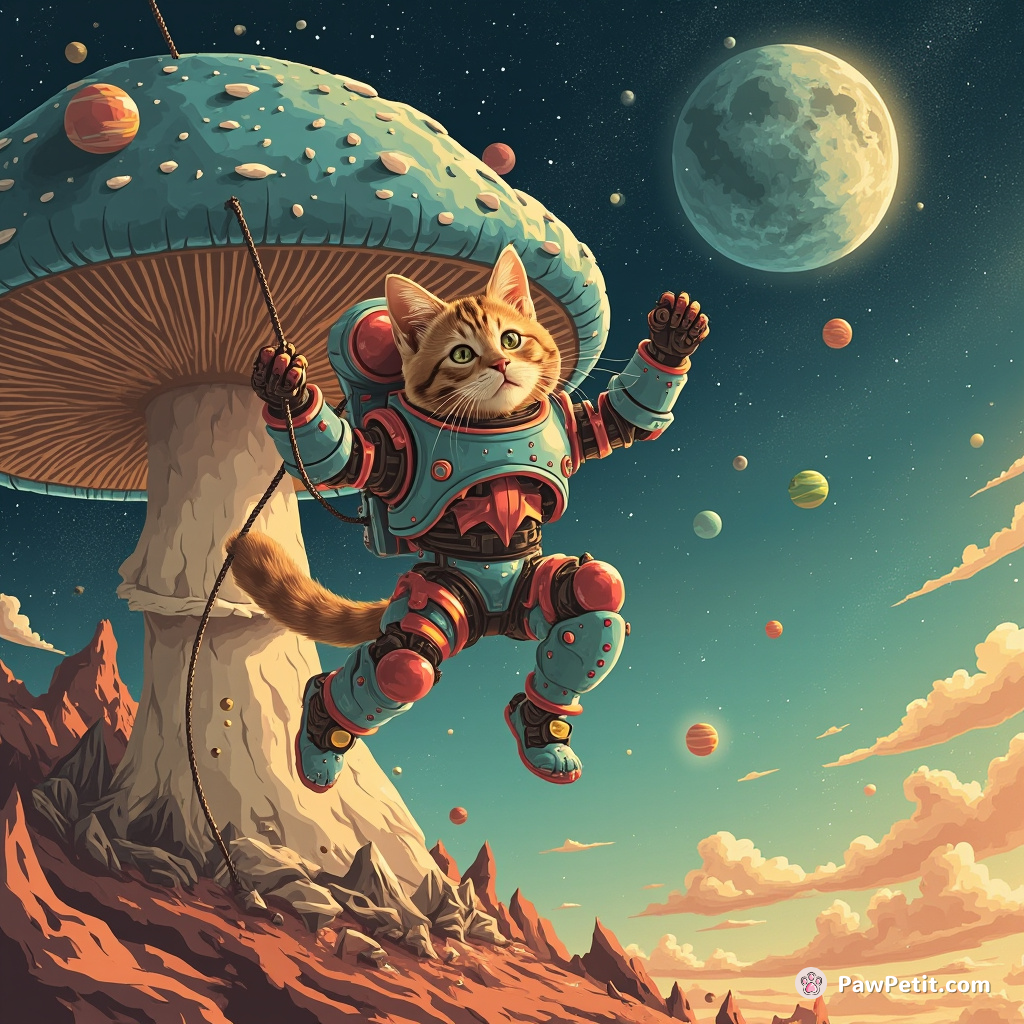 Cyborg cat bungee jumping off a giant blue mushroom on Mars.